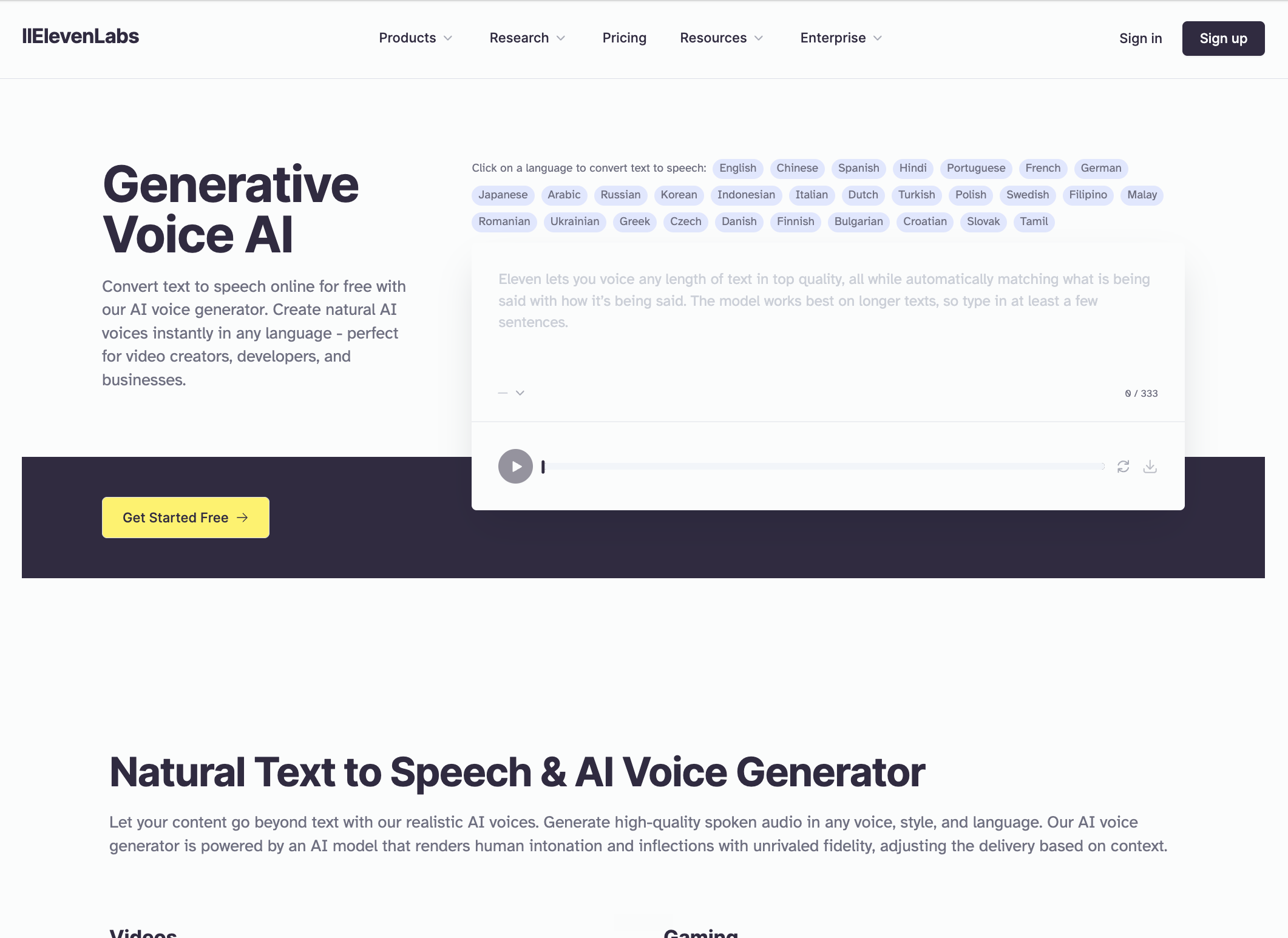 ElevenLabs homepage in 2024: Generative Voice AI with 32 languages